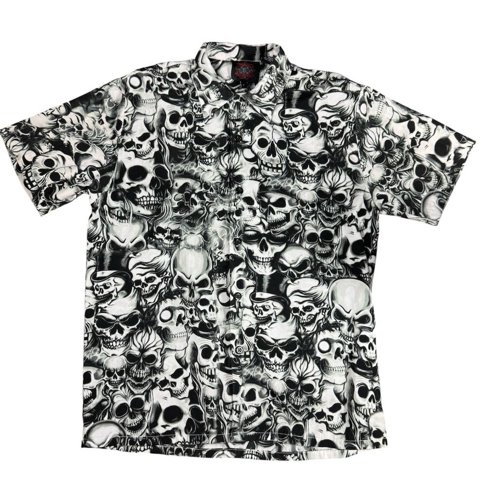 Vintage Dragonfly Roadhouse All Over Skull Print Shirt Men's Size Medium Y2K